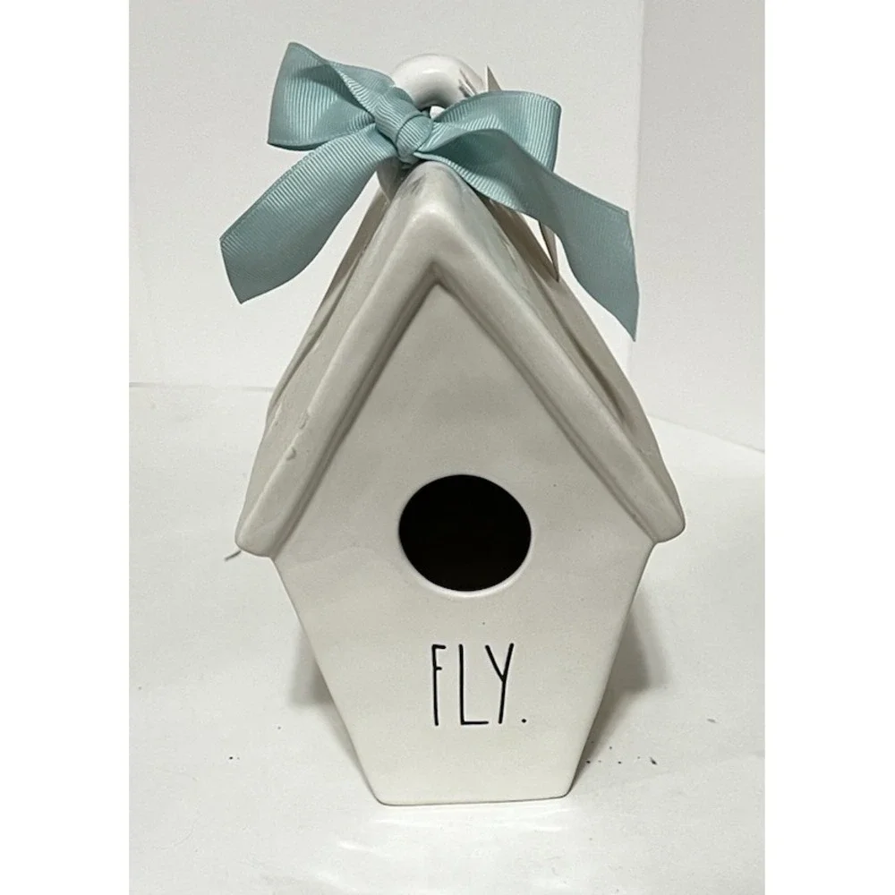 Rae Dunn Fly Slant Roof BirdHouse With Mint Ribbon